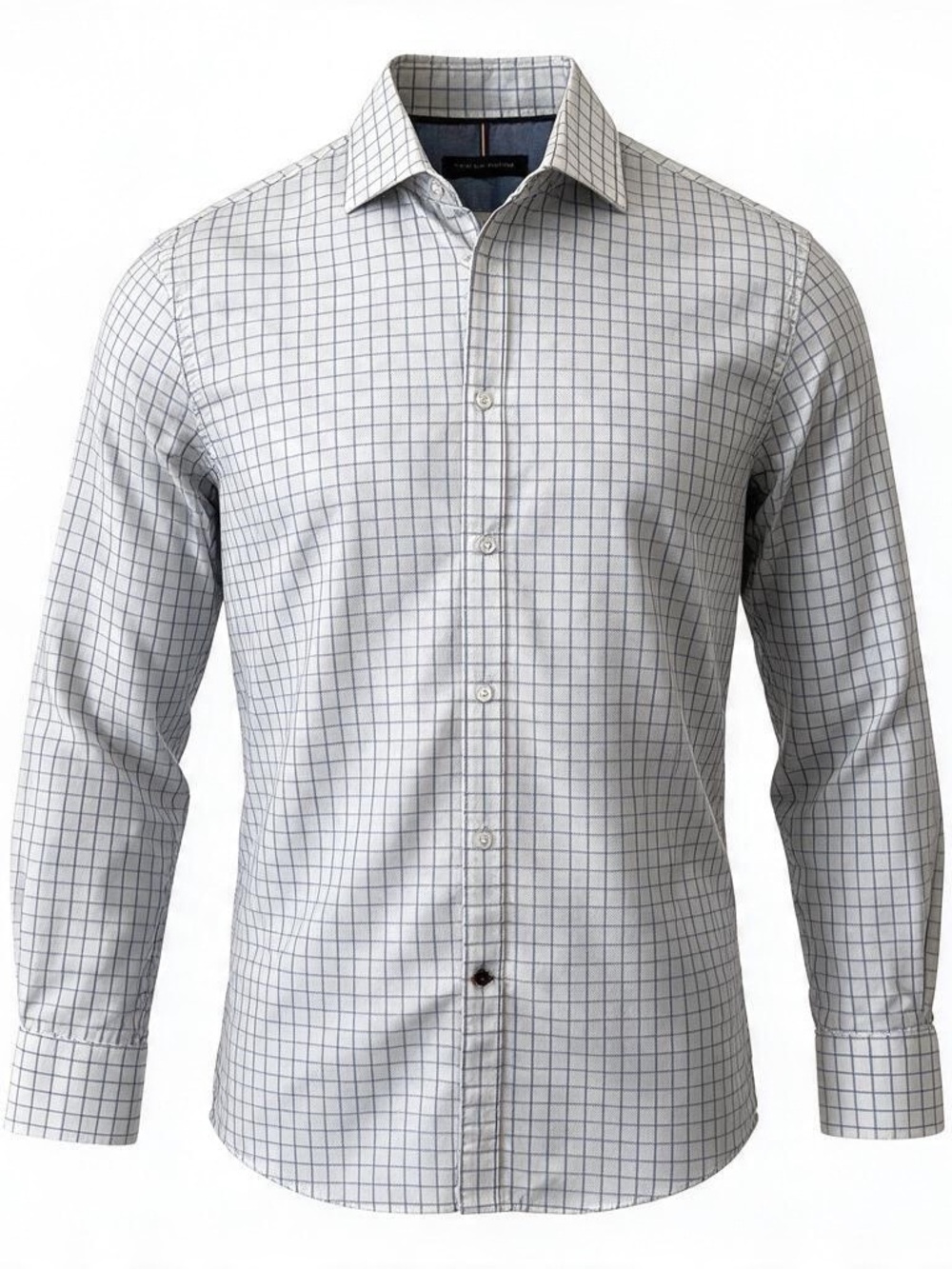 Tommy Hilfiger White and Blue Dress Shirt Wrinkle Free with Grid Print - Neck